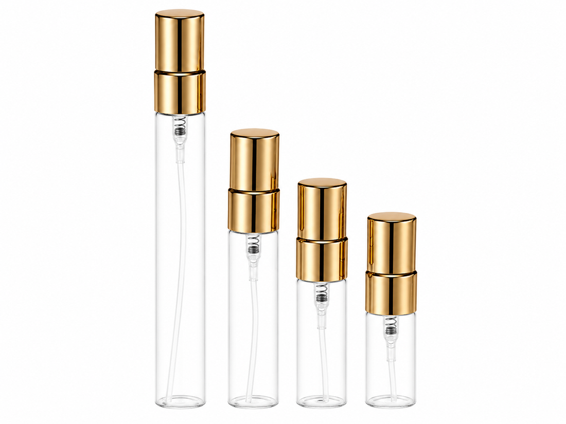 Perfume sample atomisers on white background
