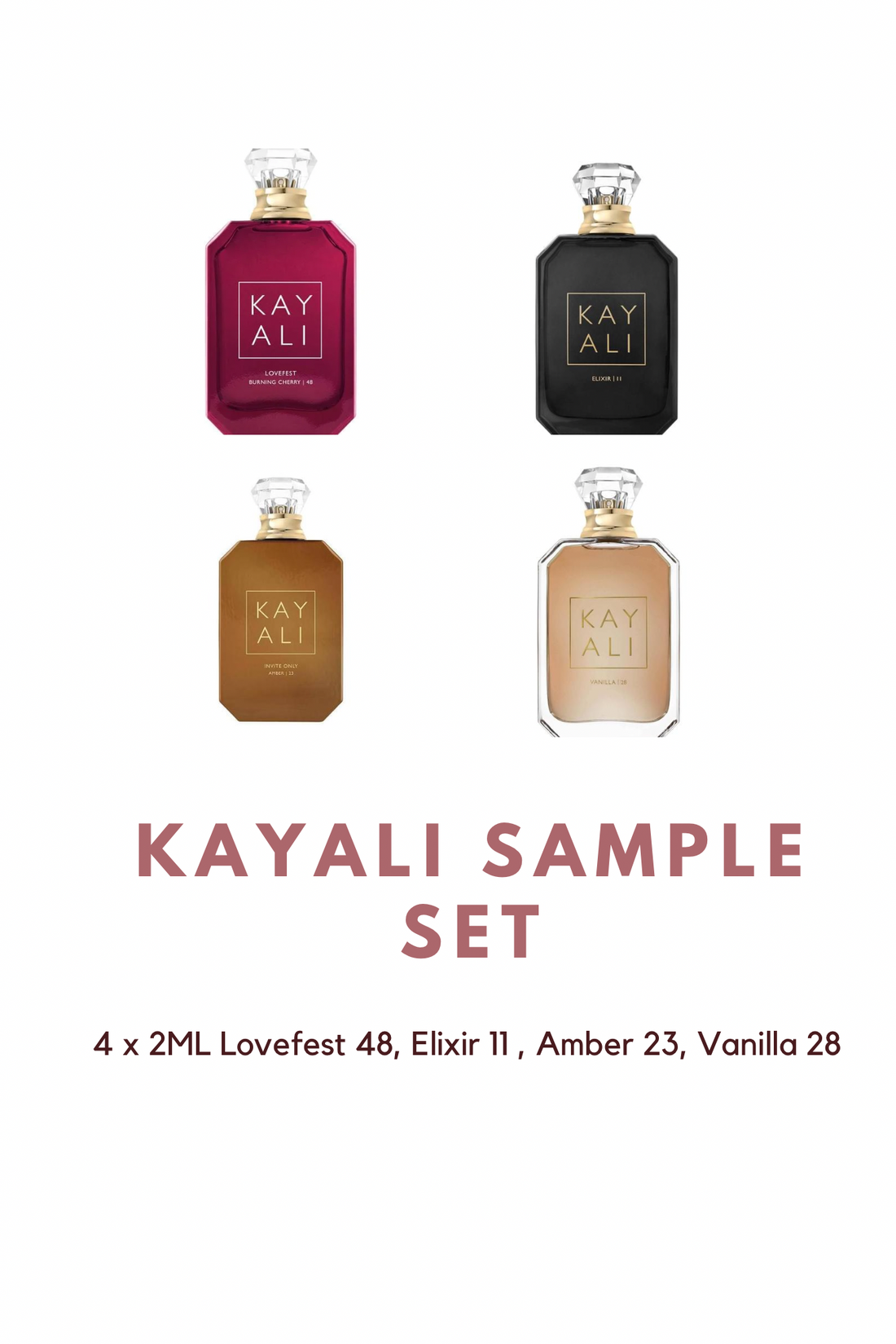 Kayali Sample Set 4 x 2ML (LOVEFEST, ELIXIR, AMBER AND VANILLA) Eau De Parfum Samples